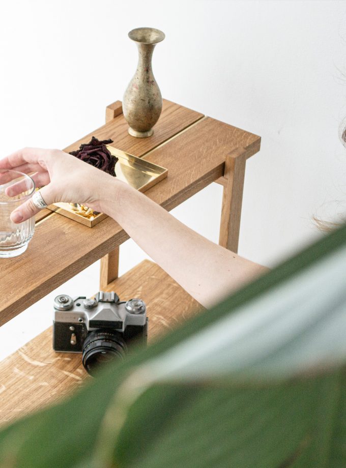 Modern Oak Low Shelving Unit with Natural Brass Accents
