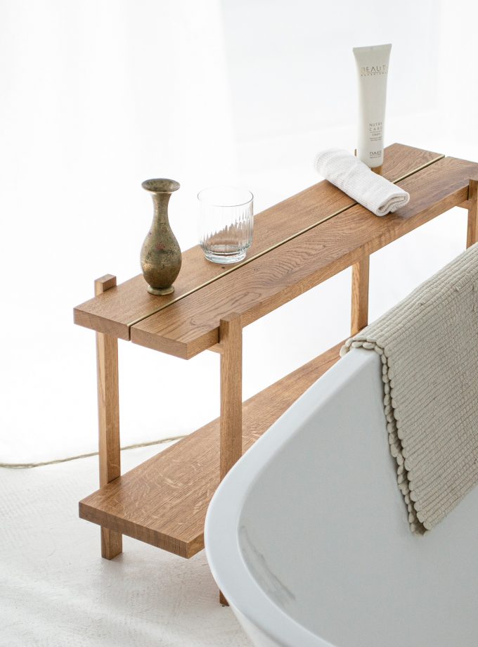 Modern Oak Low Shelving Unit with Natural Brass Accents