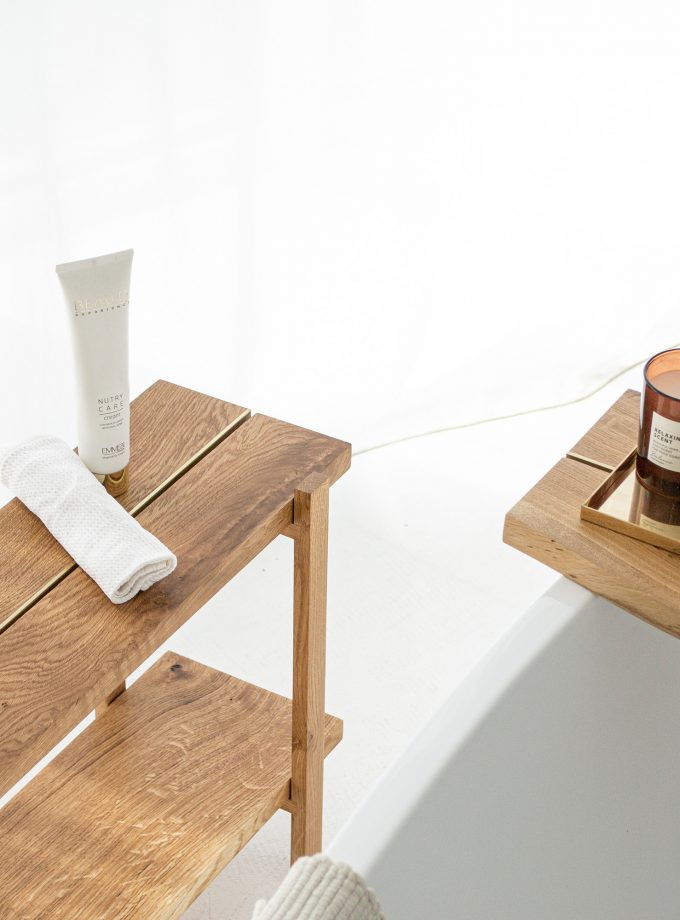 Modern Oak Low Shelving Unit with Natural Brass Accents