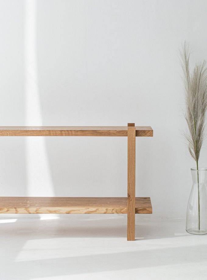 Modern Oak Low Shelving Unit with Natural Brass Accents