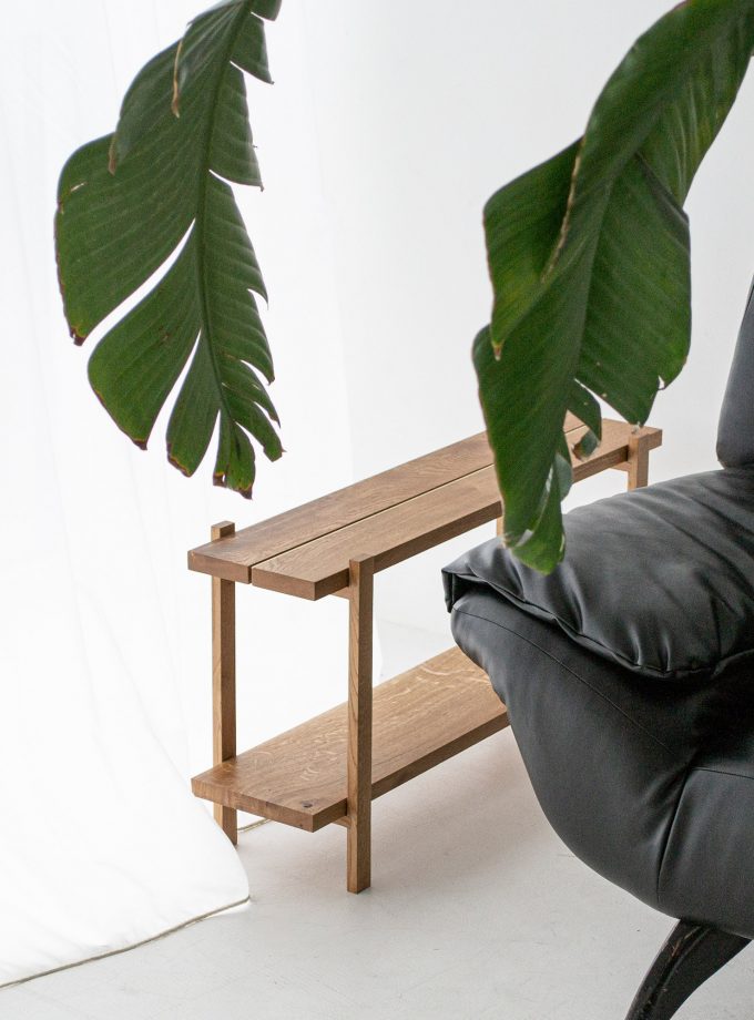 Modern Oak Low Shelving Unit with Natural Brass Accents