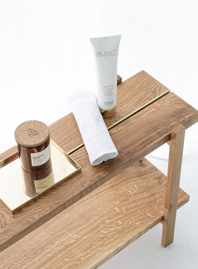 Modern Oak Low Shelving Unit with Natural Brass Accents