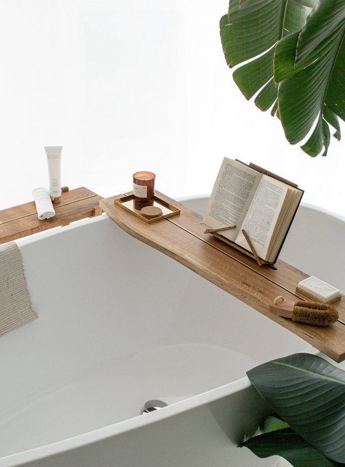 Rustic Charm and Brass Elegance: Live Edge Oak Bath Caddy