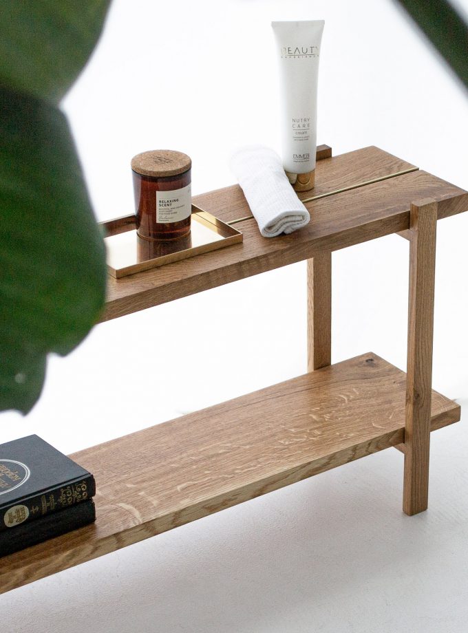 Modern Oak Low Shelving Unit with Natural Brass Accents