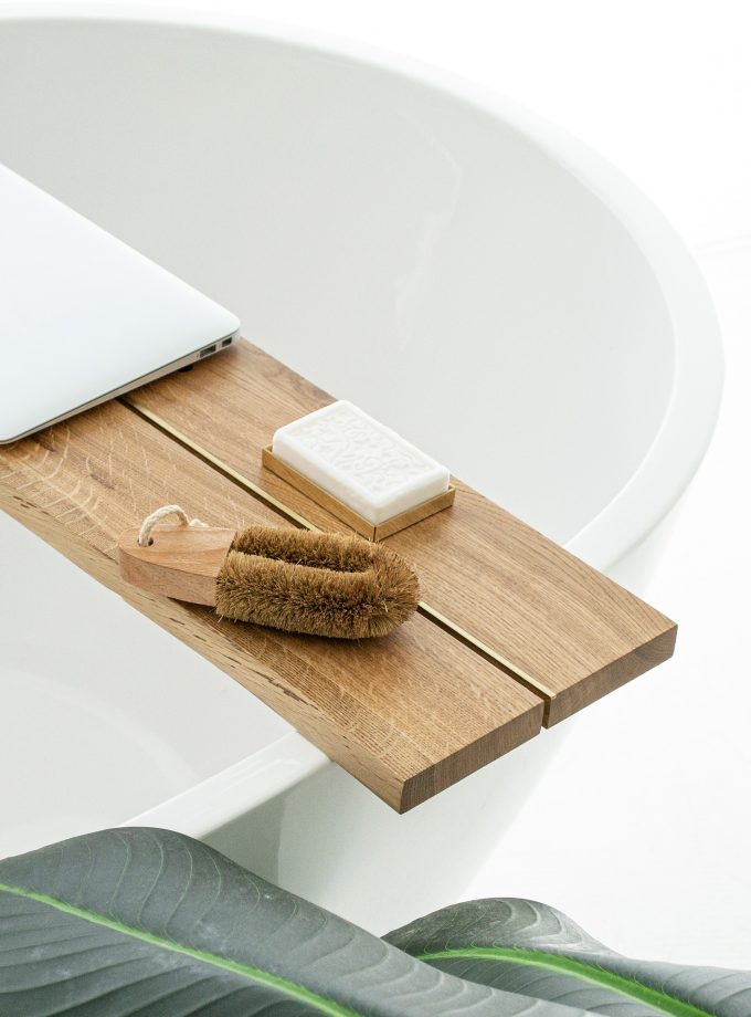 Rustic Charm and Brass Elegance: Live Edge Oak Bath Caddy