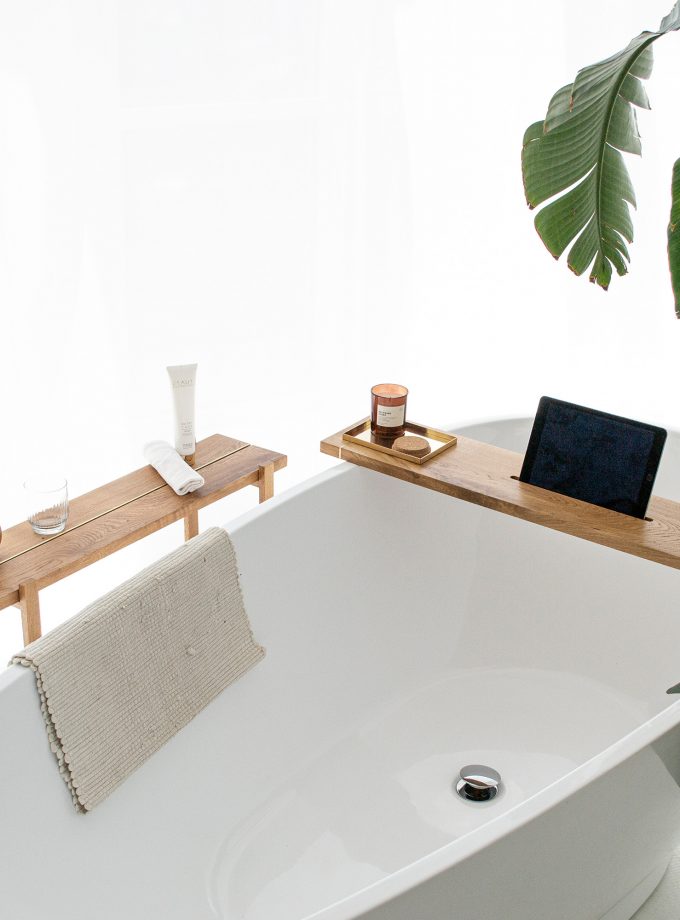 Natural Brass Elegance Meets Oak Warmth: Handmade Bath Caddy