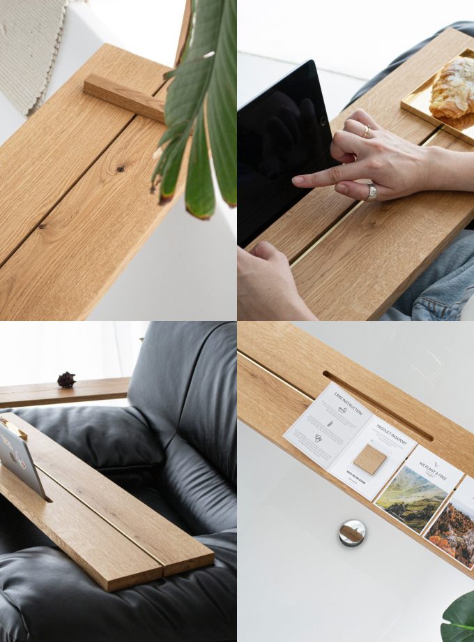 Timeless Elegance: Oak Bathtub Tray with Natural Brass Embellishments