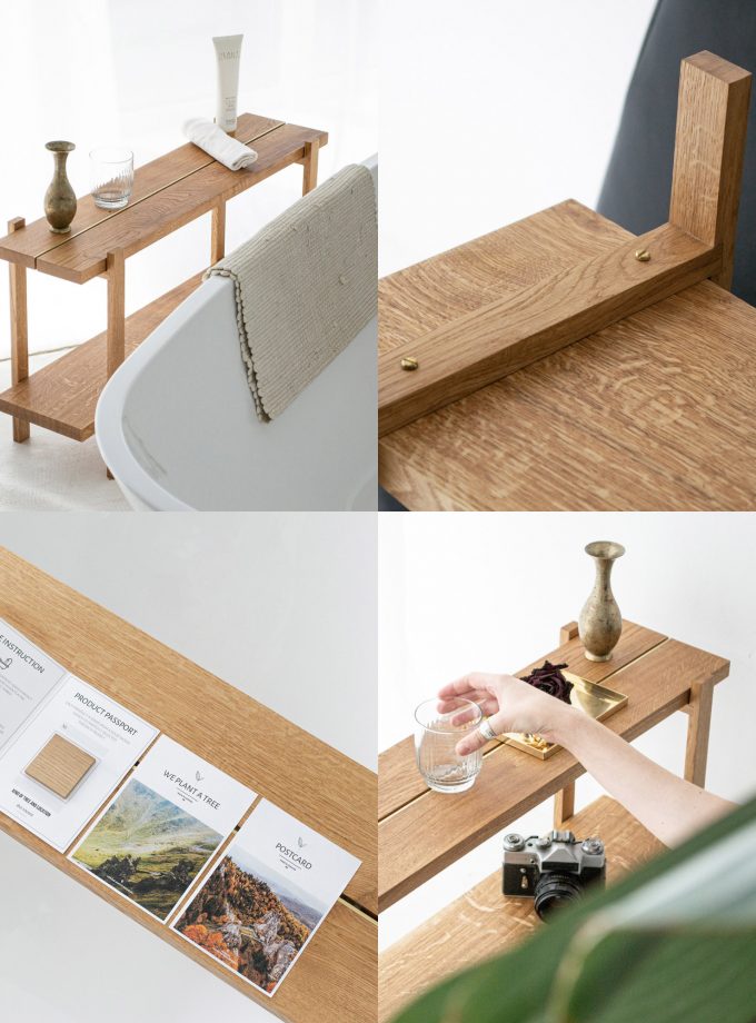 Modern Oak Low Shelving Unit with Natural Brass Accents