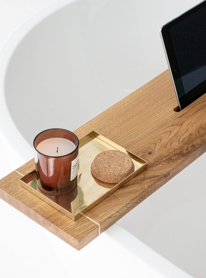 Natural Brass Elegance Meets Oak Warmth: Handmade Bath Caddy